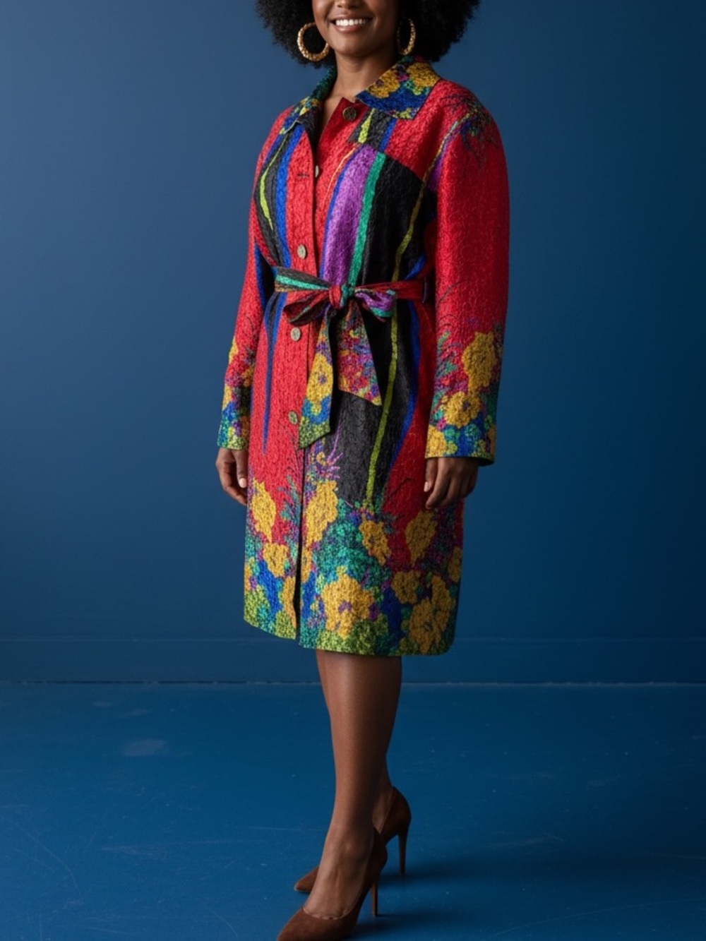 Rossi Roma Italy Crinkle Colorful Artsy Trench Coat Dress Jacket Sz 1X